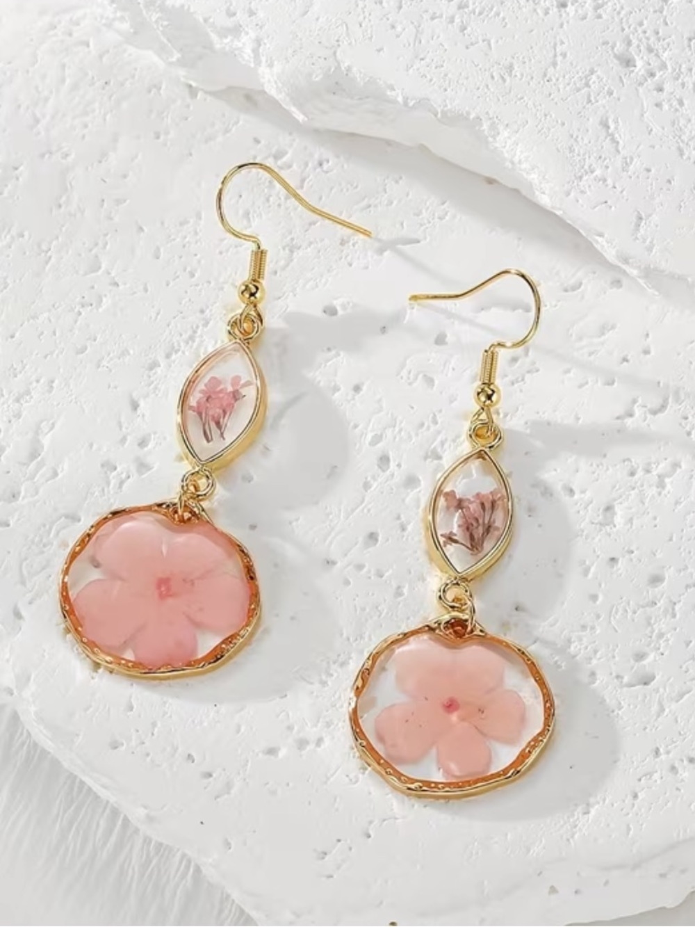 Gold Pink Real Pressed Flower Floral Drop Earrings